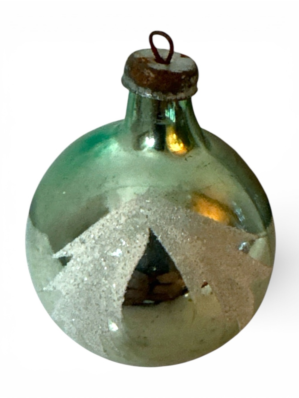 VINTAGE ANTIQUE 1930'S CHRISTMAS ORNAMENT AQUA STENCIL MICA 2"